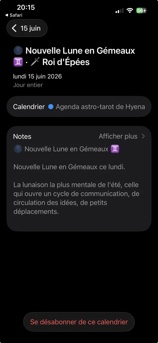 Une journée dans l'Agenda astro-tarot de Hyena, vue dans le Calendrier iPhone